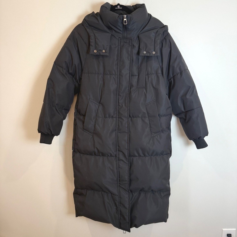 PUFFIT Black Long Puffer Coat Hooded Zip Front Quilted Winter Warm Size XS